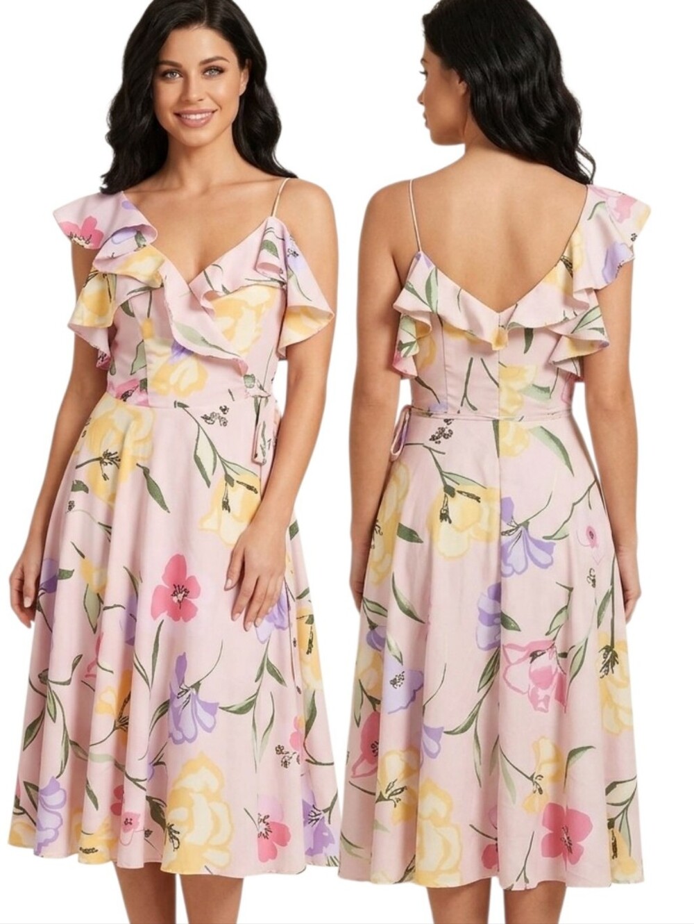 ASOS Floral Print Cold Shoulder Midi Wrap Dress - Size 6